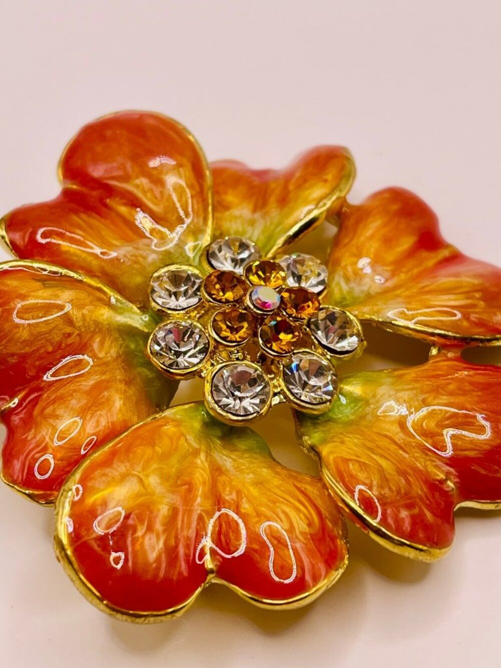 NOS Vintage Gold-Tone Flower Brooch Rhinestones & Orange Enamel Petals -64B